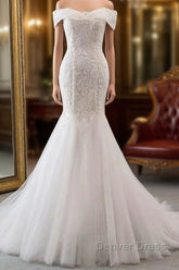 Long Mermaid Off the Shoulder Appliques Lace Tulle Wedding Dresses